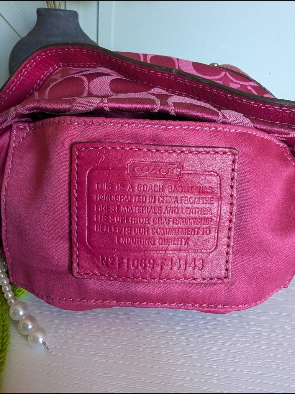 Coach Pink Signature Jacquard Shoulder Bag with Pearl Charm - Picture 16 of 16